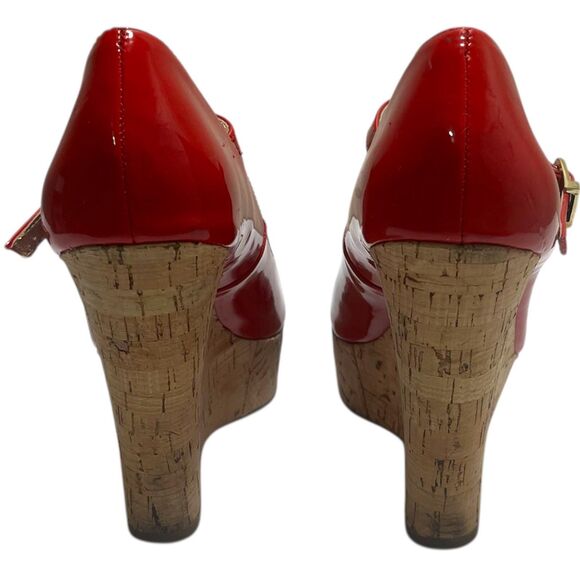 Guess Women's Size 6.5 Red Cork Wedge Open Toe Heels with Buckle Strap READ - Picture 3 of 13